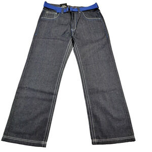 U.T Sports Mens 36x32 Blue Denim Straight Leg Belted Embroidered Pockets (912)